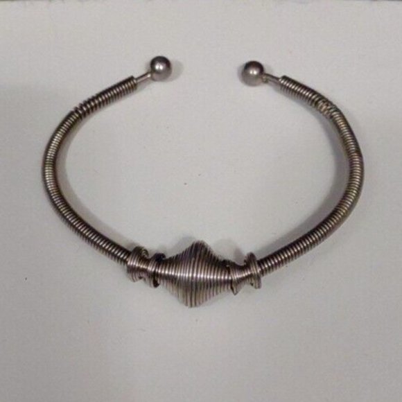 Silver  Stainless Steel Beaded Open Cuff Bracelet 6 1/4" Adjustable  Metal Silv - Picture 1 of 5